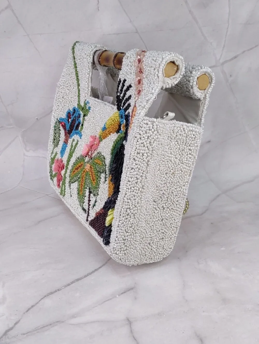 White Beaded Toucan Embellished Top-Handle Bag